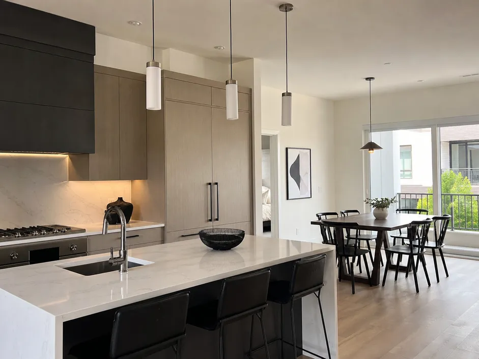 Cylinder pendant lighting in a multi-unit residential development kitchen and dining area