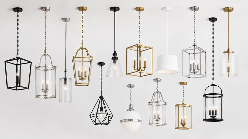 Curated selection of entryway pendant lighting SKUs arranged for distributor catalog presentation