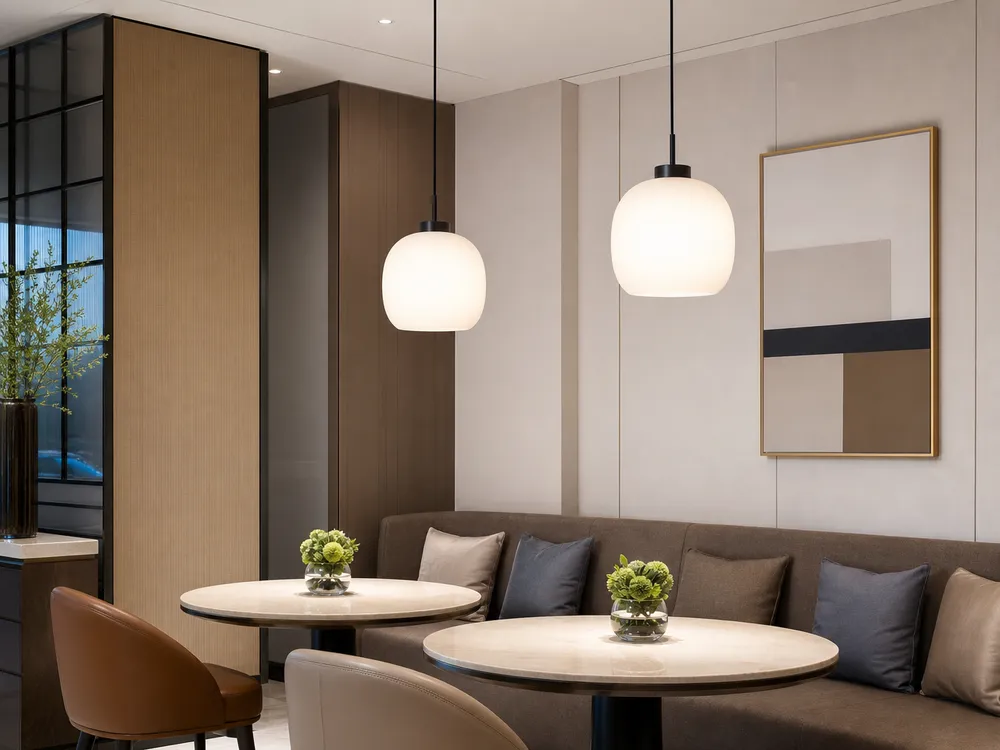 Frosted opal glass pendant producing soft diffused glow in hospitality environment