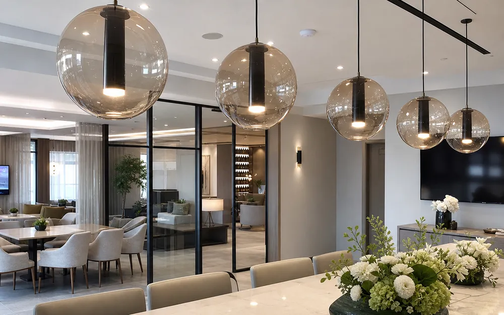 Glass pendant lighting installed in a hospitality setting showing warm amber-tinted glass with LED source