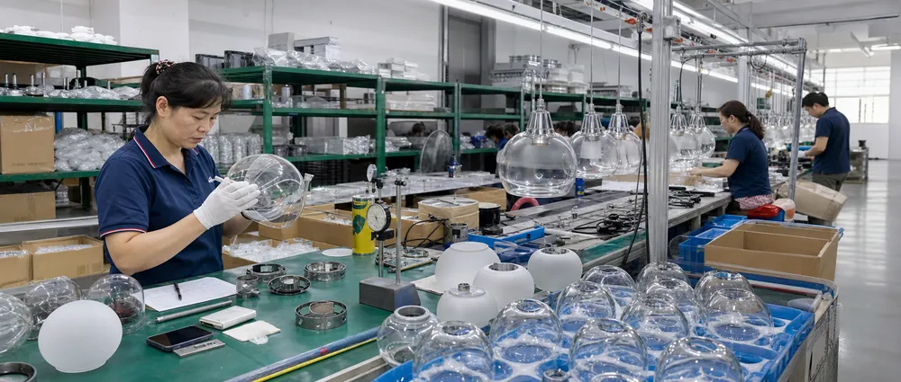 Glass pendant lighting manufacturing facility showing quality control and assembly line