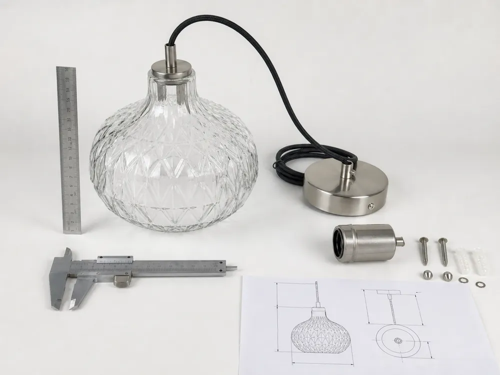 Glass pendant lighting technical specifications showing shade dimensions and hardware detail