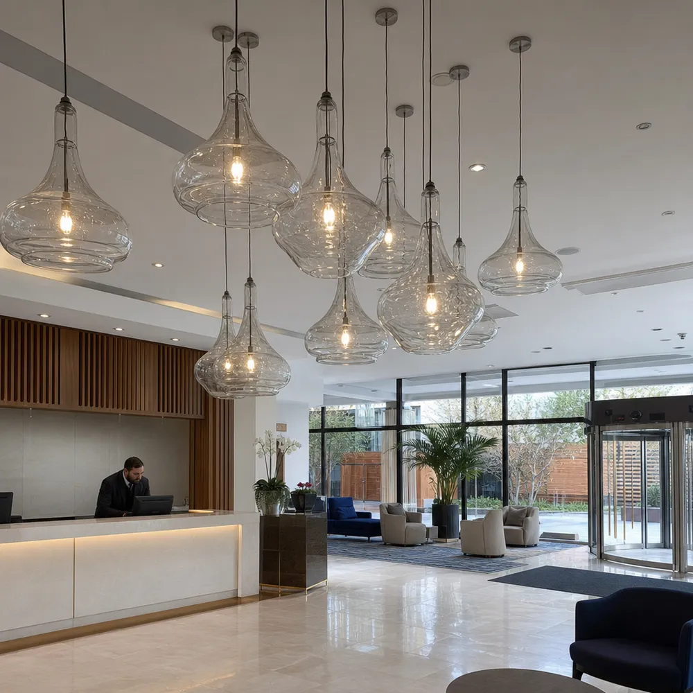 Glass pendant lighting installed in a hotel lobby setting