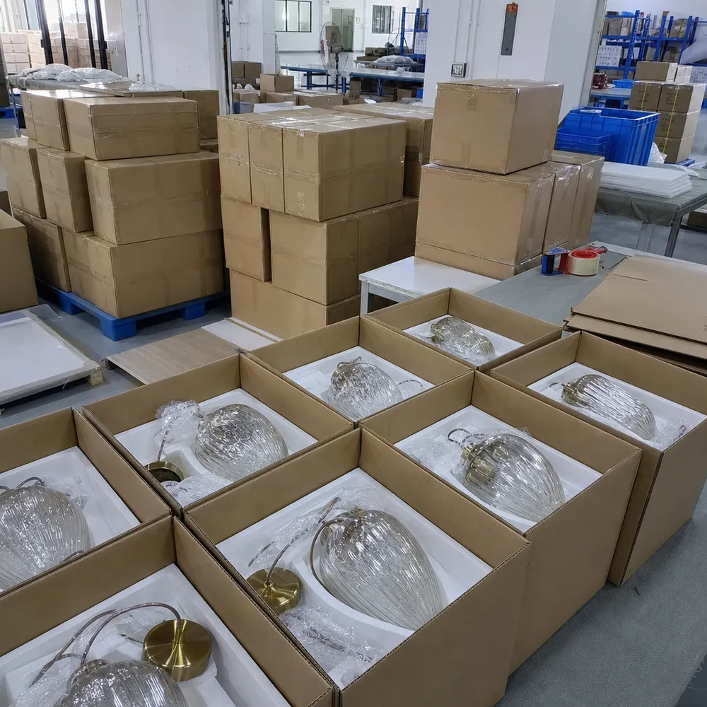 Packaged glass pendant lighting ready for wholesale distribution