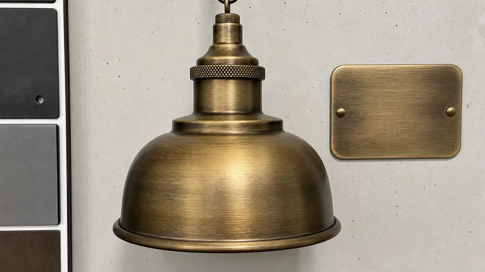 Antique brass pendant lighting finish showing controlled patina variation with darker recessed areas