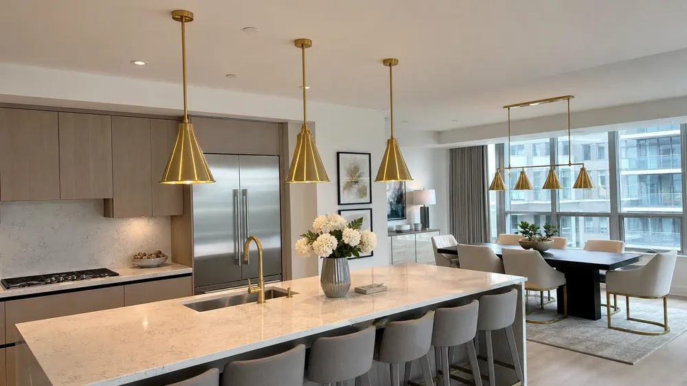 Gold pendant lighting in luxury residential development showing consistent finish across kitchen island and dining installations