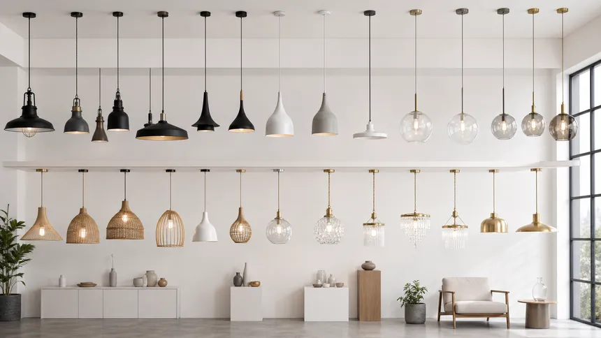 Full range of pendant lighting styles from industrial to luxury displayed for distributor catalog