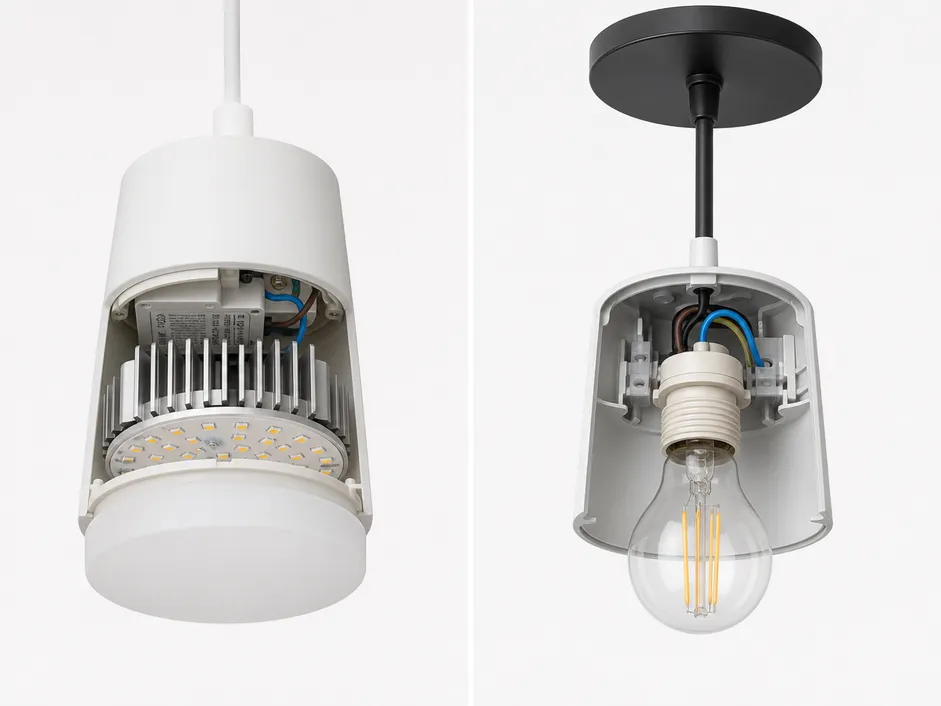 Comparison of integrated LED pendant fixture and socket-type E27 pendant fixture showing internal construction