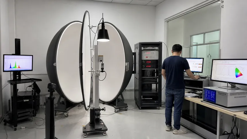 Optical lab photometric testing for pendant light lumen output and beam angle verification