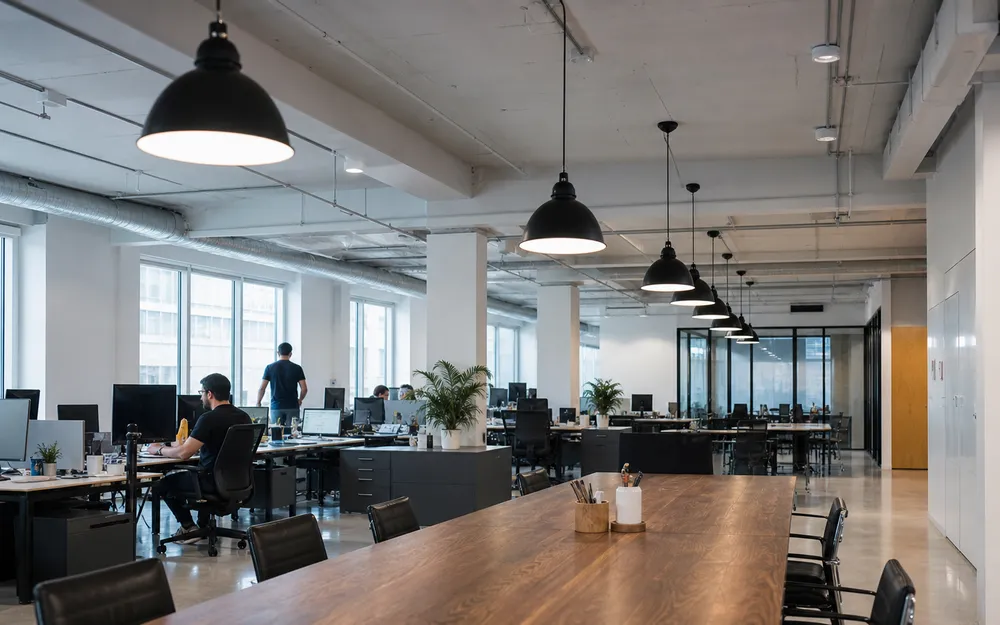 Industrial pendant lighting in modern open-plan office