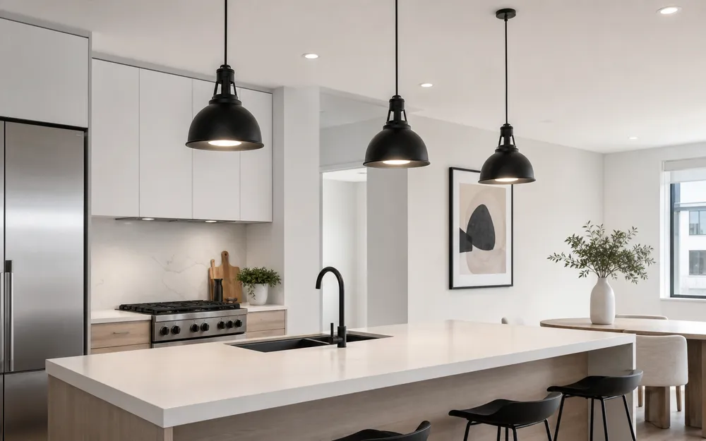 Industrial pendant lighting above kitchen island in residential setting