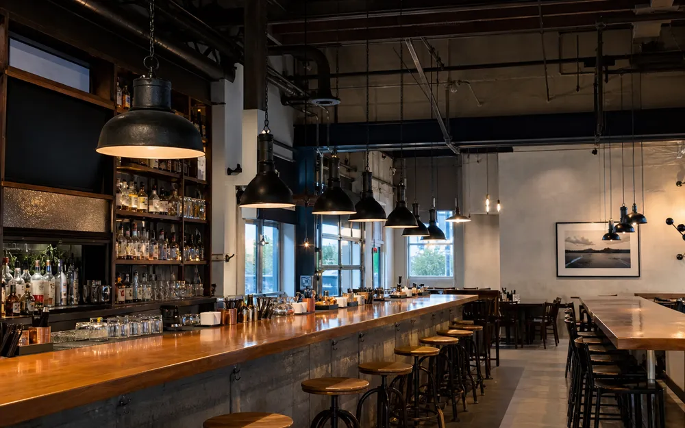 Industrial pendant lighting installed above restaurant bar counter