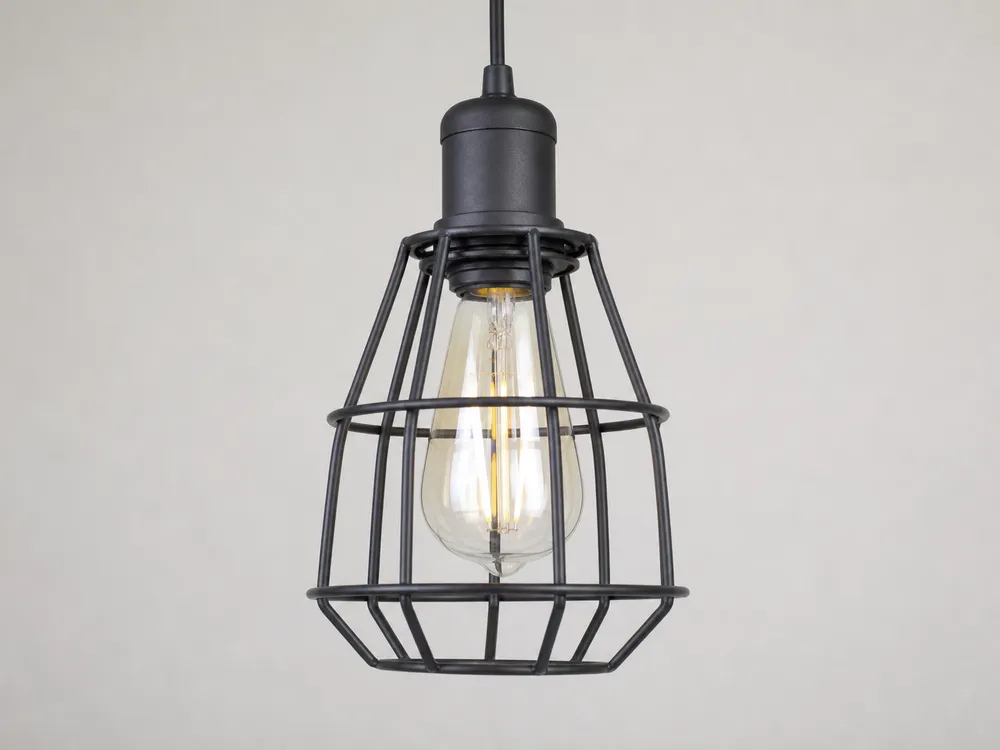 Industrial pendant lighting cage configuration with steel wire guard and aluminum canopy
