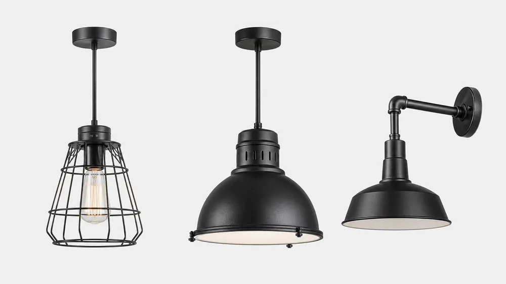 Industrial pendant lighting configurations showing cage, dome, and pipe arm designs side by side