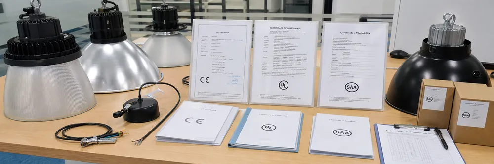 Industrial pendant lighting compliance certifications including CE, UL, SAA marks displayed alongside product documentation