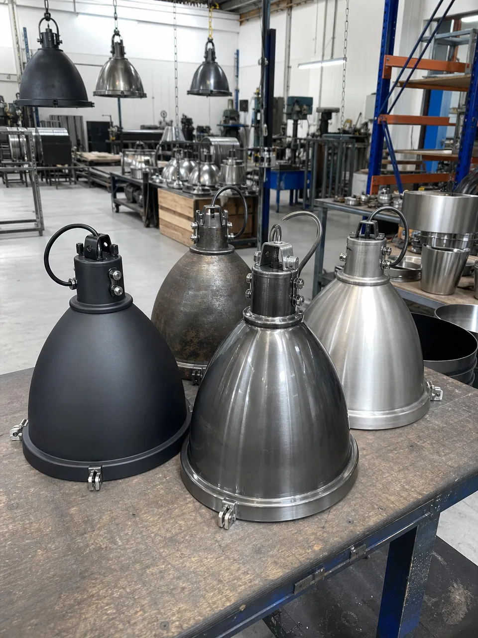 Industrial pendant lighting customization — various finish options including matte black, raw steel, and aged oxidized finishes displayed on production samples