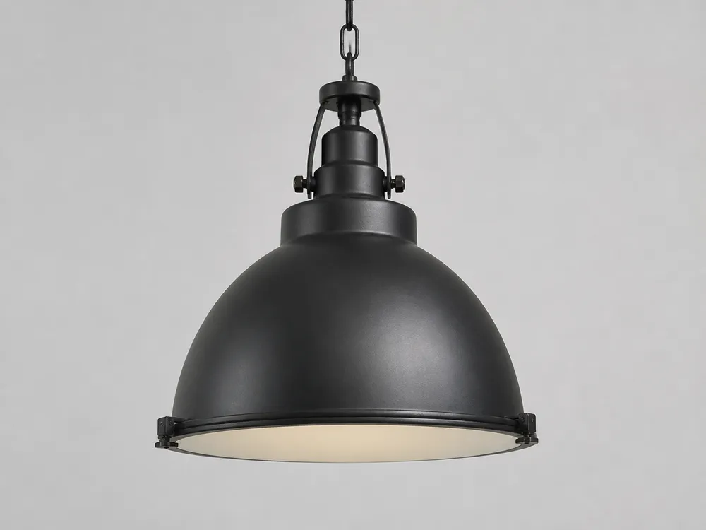 Industrial pendant lighting dome and shade configuration in spun steel