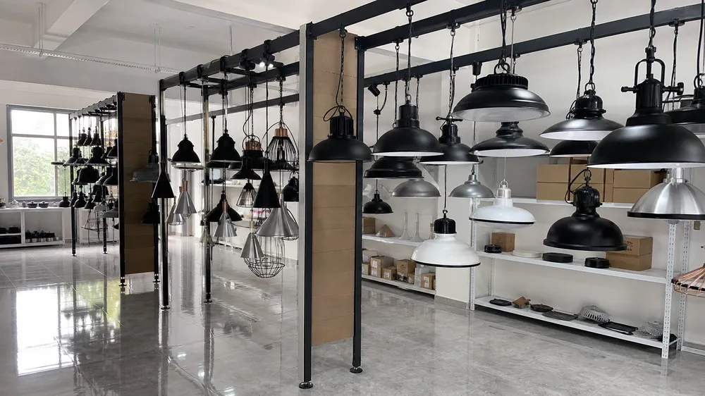 ASCLighting factory showroom displaying industrial pendant lighting samples