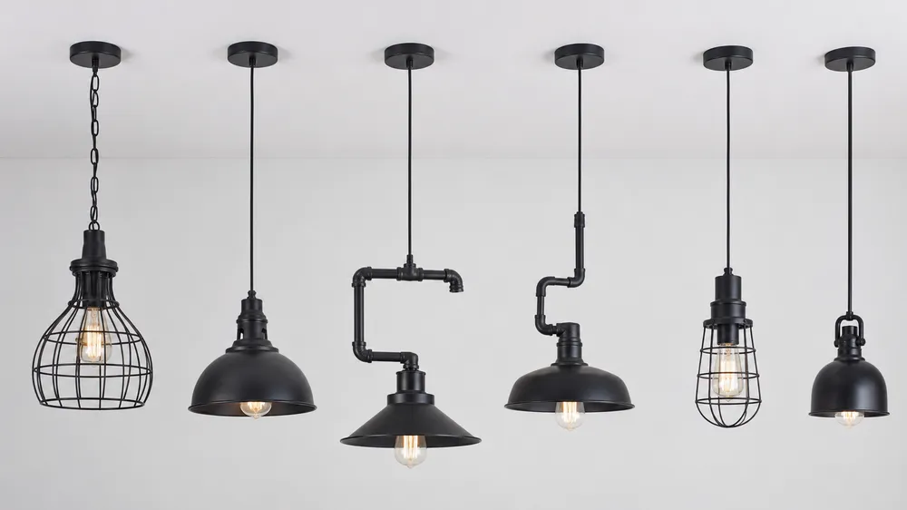 Range of industrial pendant lighting SKUs showing cage, dome, and pipe arm configurations in matte black finish