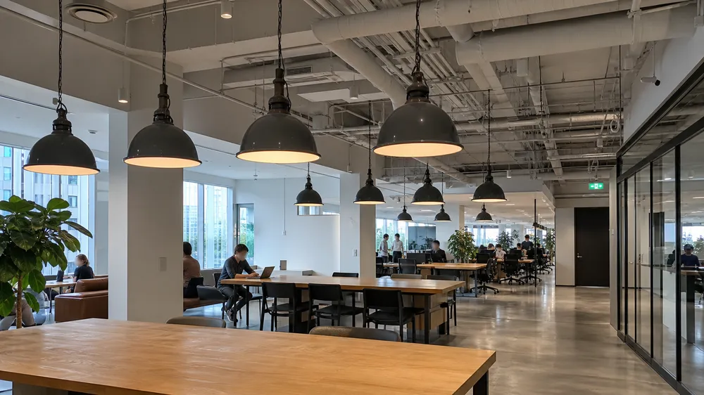 Industrial pendant lighting in an open-plan co-working space with fixtures over collaborative work areas