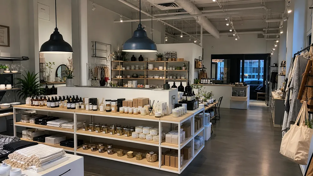 Industrial pendant lighting in a boutique retail environment with exposed fixtures over product displays