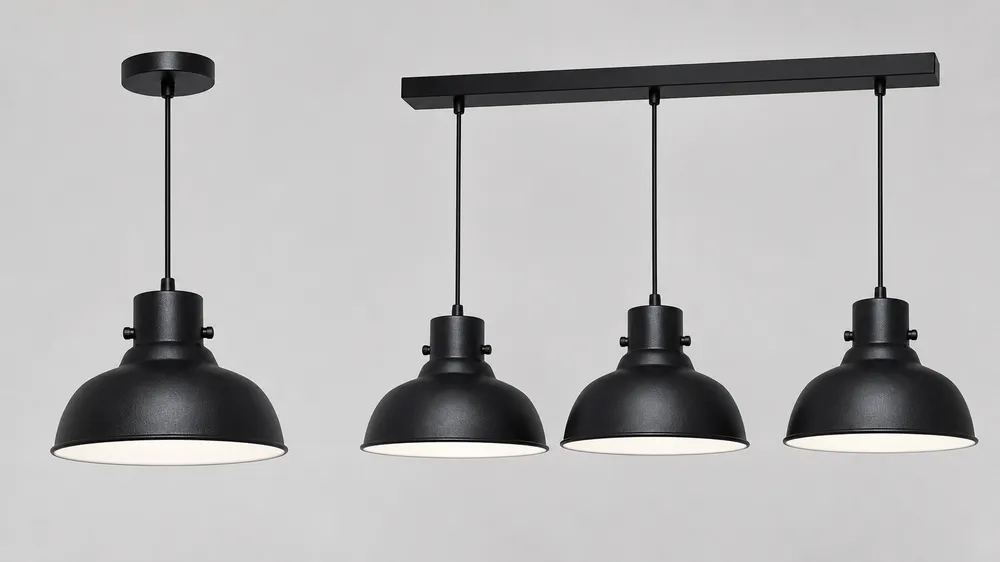 Single industrial pendant alongside a 3-pendant bar configuration for over-counter installation