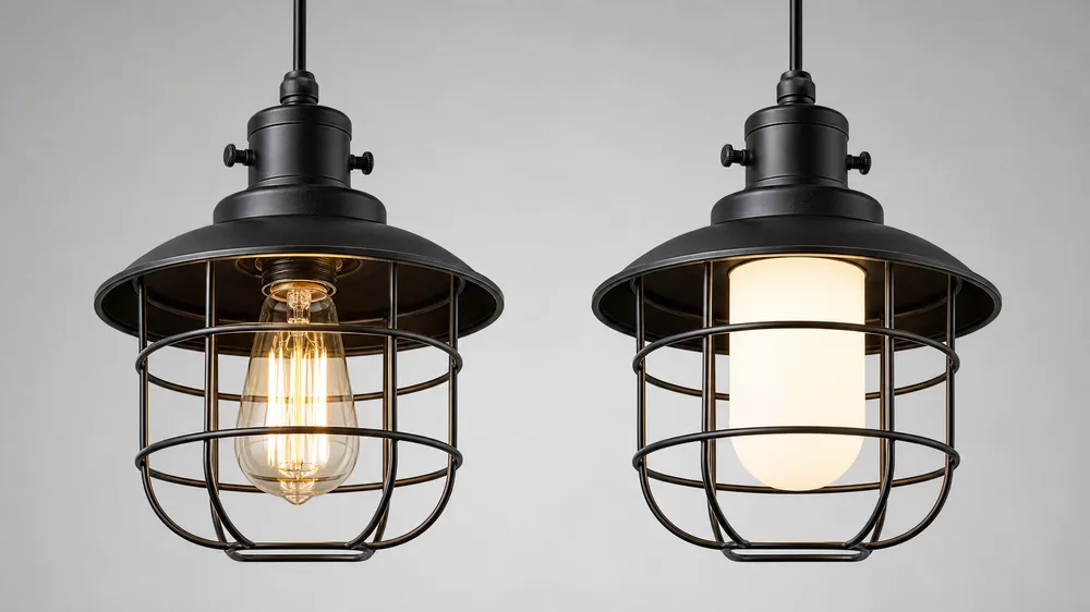 E26/E27 socket-type industrial pendant with visible Edison bulb compared to integrated LED version