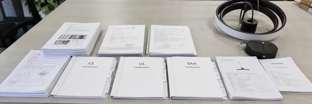 LED pendant lighting certification documentation including CE, UL, and SAA test reports