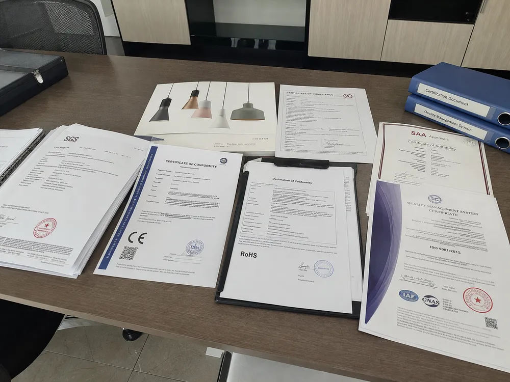 Certification documentation and compliance test reports for modern pendant lighting