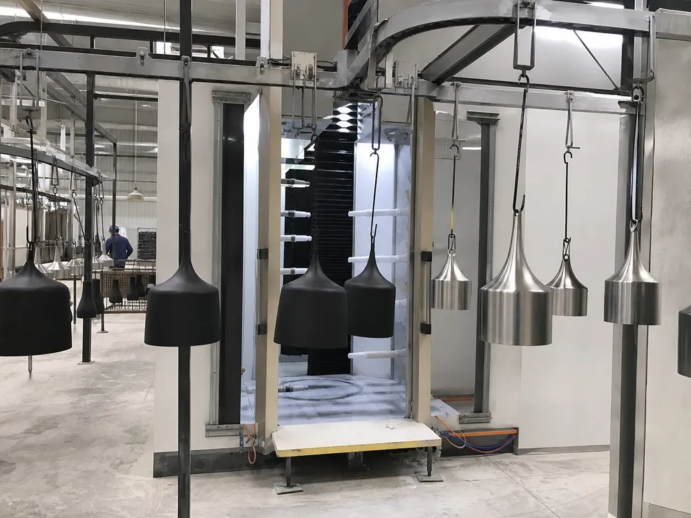 Automated powder coat finishing line applying uniform 60-80μm coating to modern pendant lighting fixtures