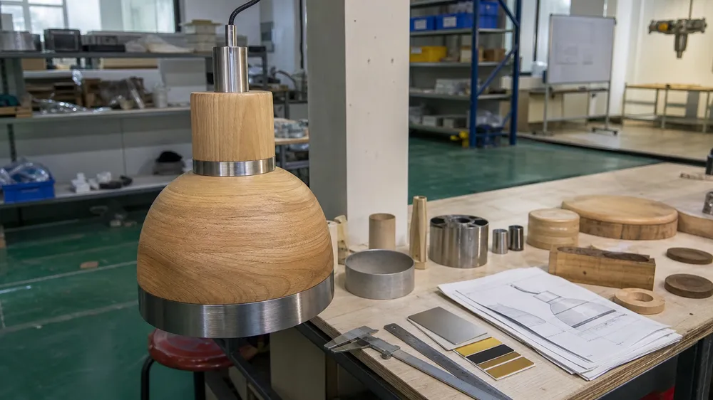 Custom wood and metal pendant lighting prototype for interior design specification project