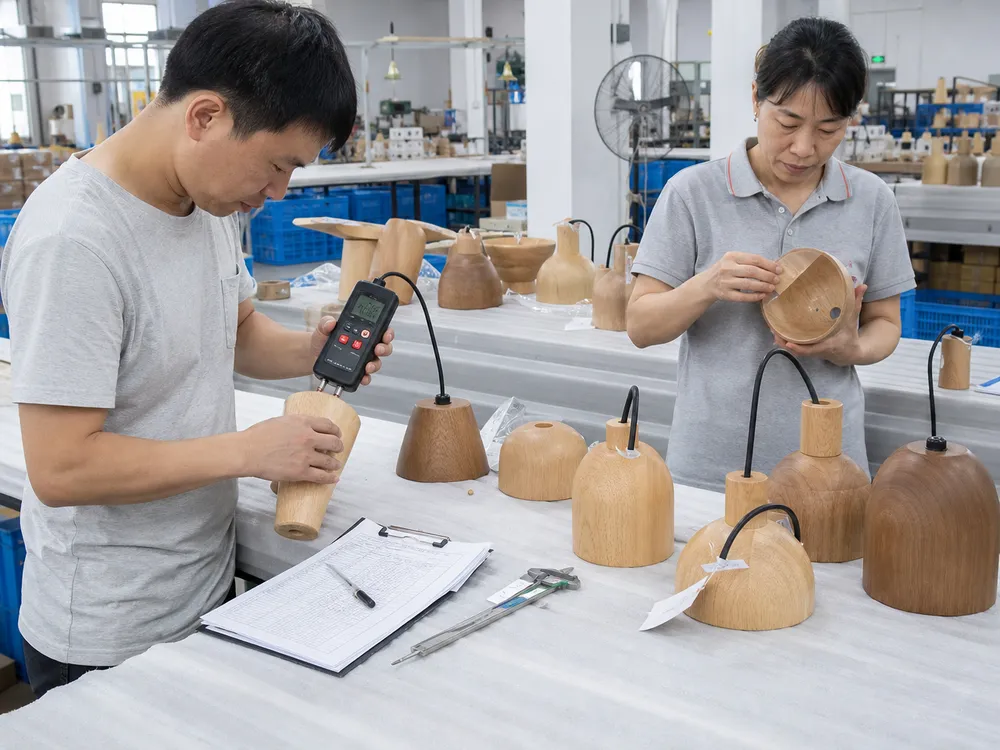 Quality control inspection of wood pendant lighting components showing moisture testing and finish verification