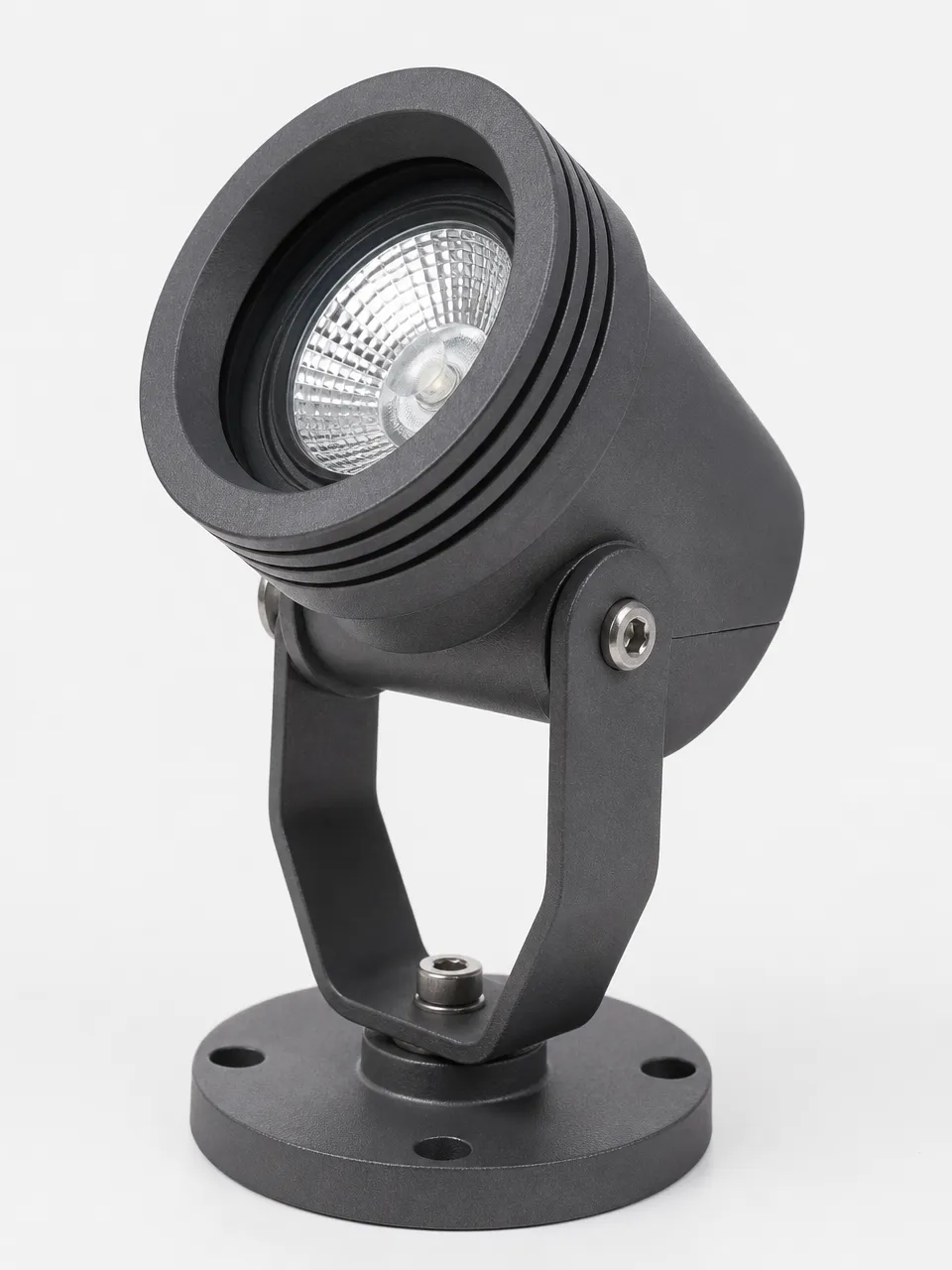 Adjustable spotlight with die-cast aluminum housing showing tilt and rotation mechanism