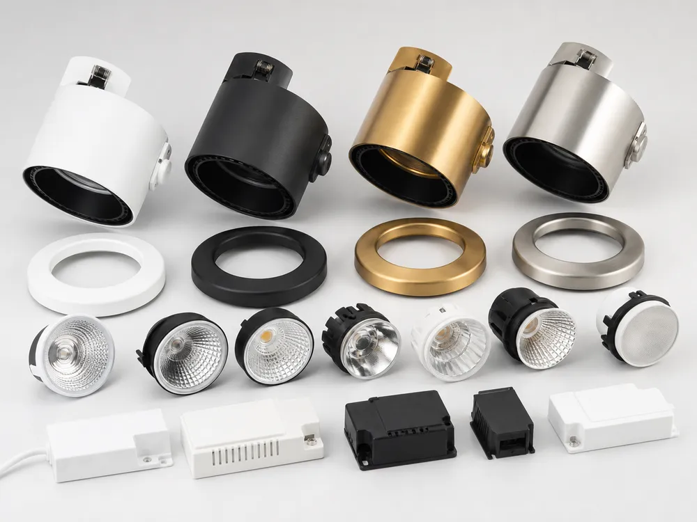 Adjustable spotlight components separated showing housing, optics, and driver modules available for customization