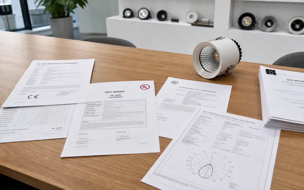 Ceiling spotlight certification documentation including CE Declaration of Conformity and UL test reports