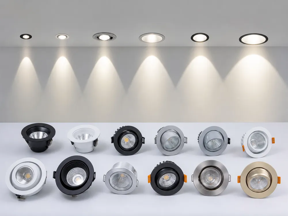 Custom OEM ceiling spotlight configurations showing various finishes and beam angle options