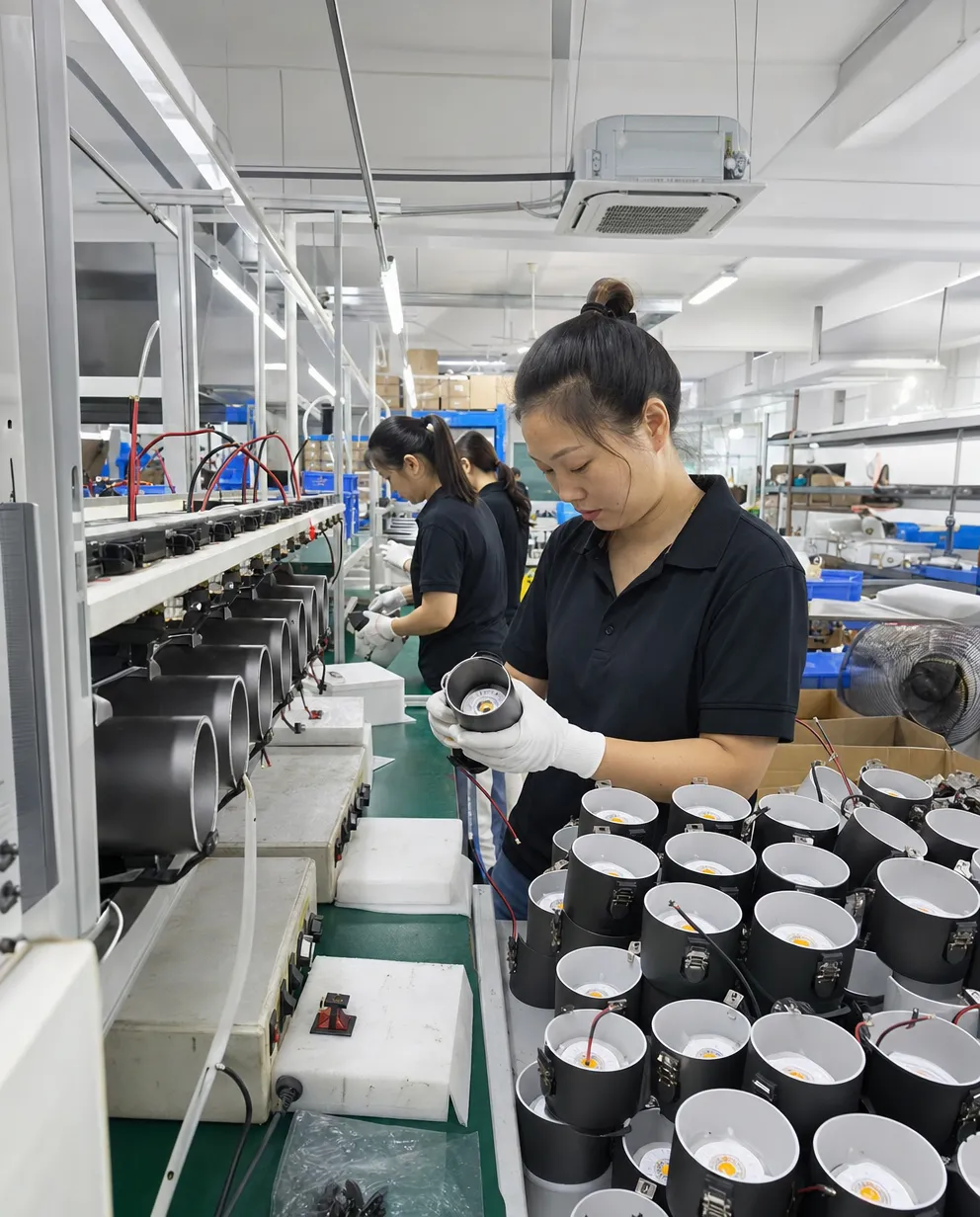 ASCLighting factory floor showing ceiling spotlight production line and quality inspection
