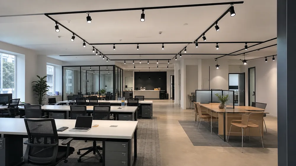 Open-plan office and co-working space with three-circuit track lighting system allowing flexible zone control
