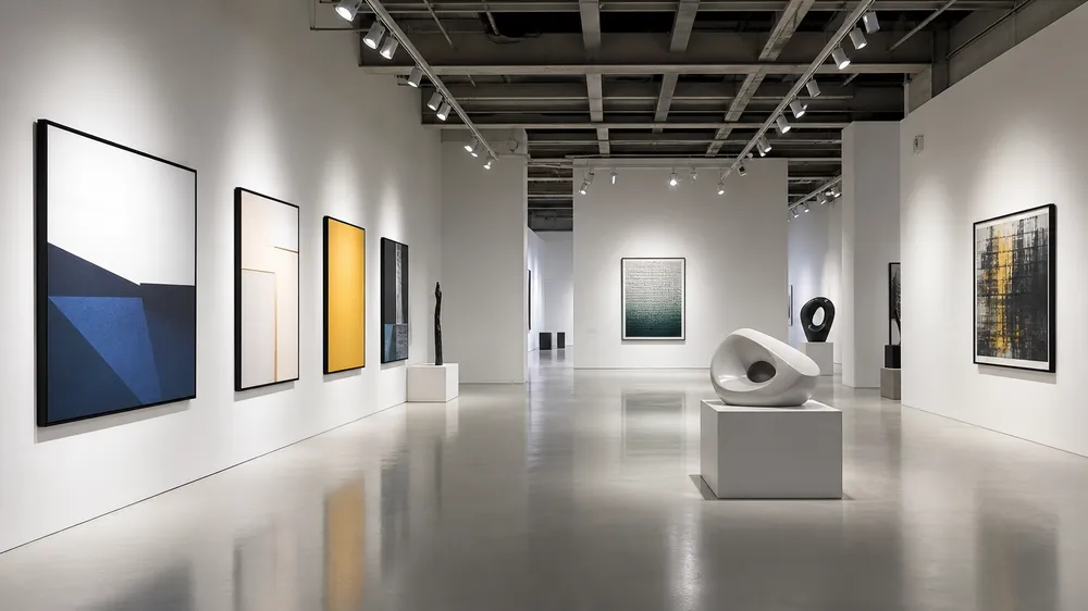Art gallery with CRI 95+ spotlights illuminating paintings and sculptures with precise beam control