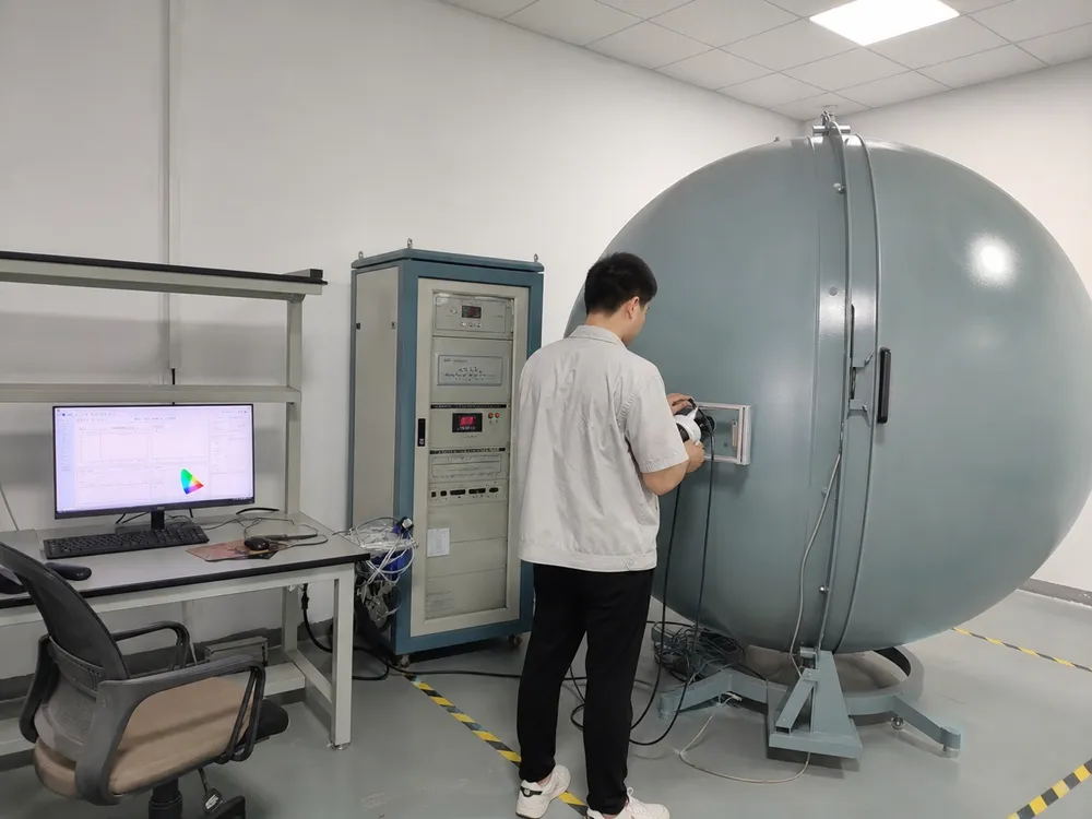 In-house photometric testing laboratory verifying beam angle and lumen output