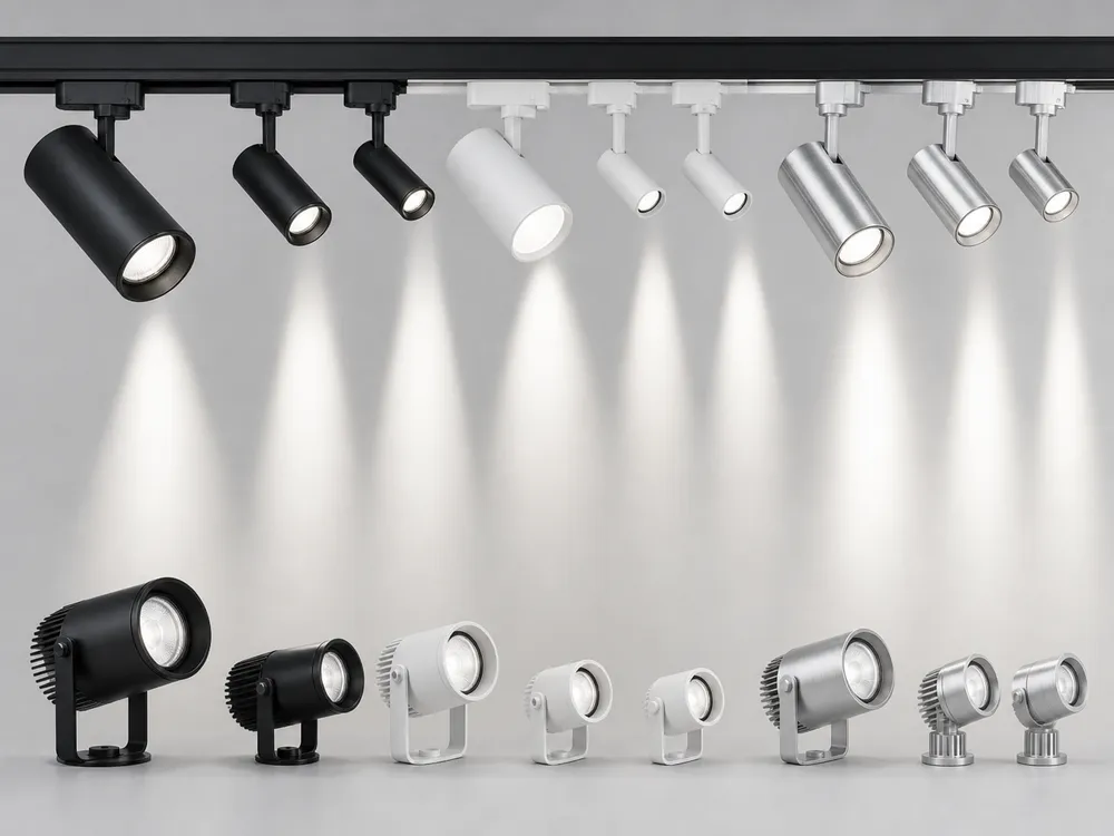 ASCLighting spotlight and track lighting technical specification range showing beam angles and housing materials