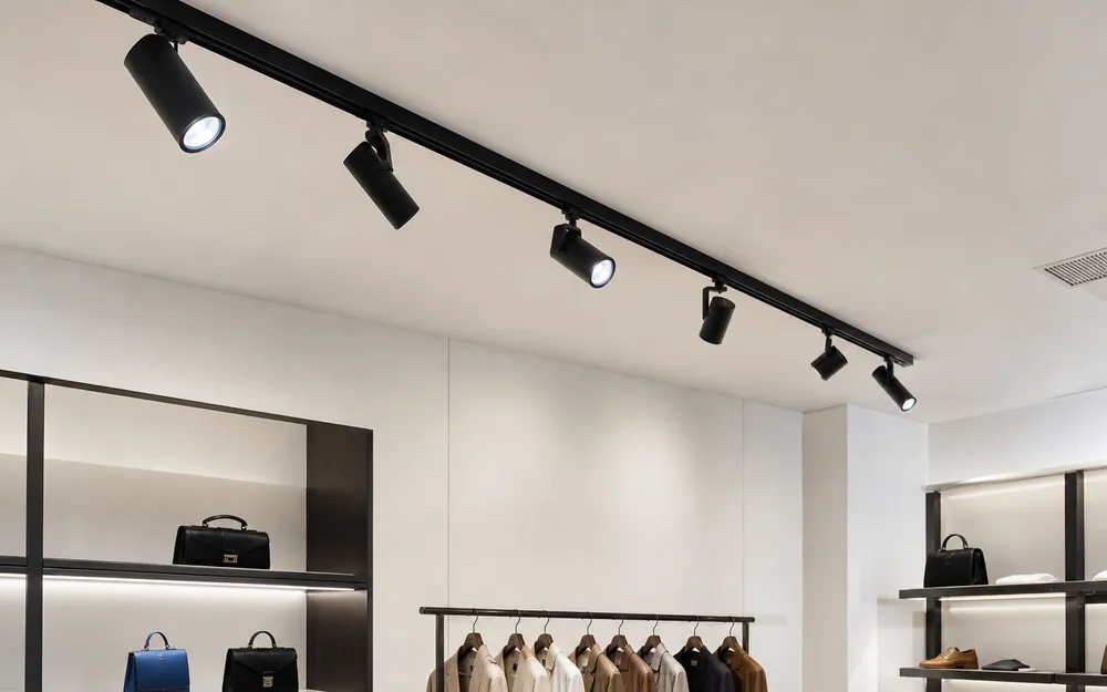 Track-mounted spotlight system for retail and hospitality interiors