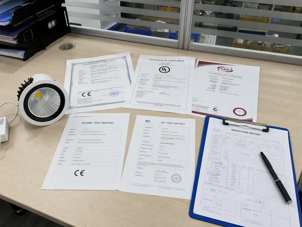LED spotlight certification documentation showing CE, UL, and SAA marks