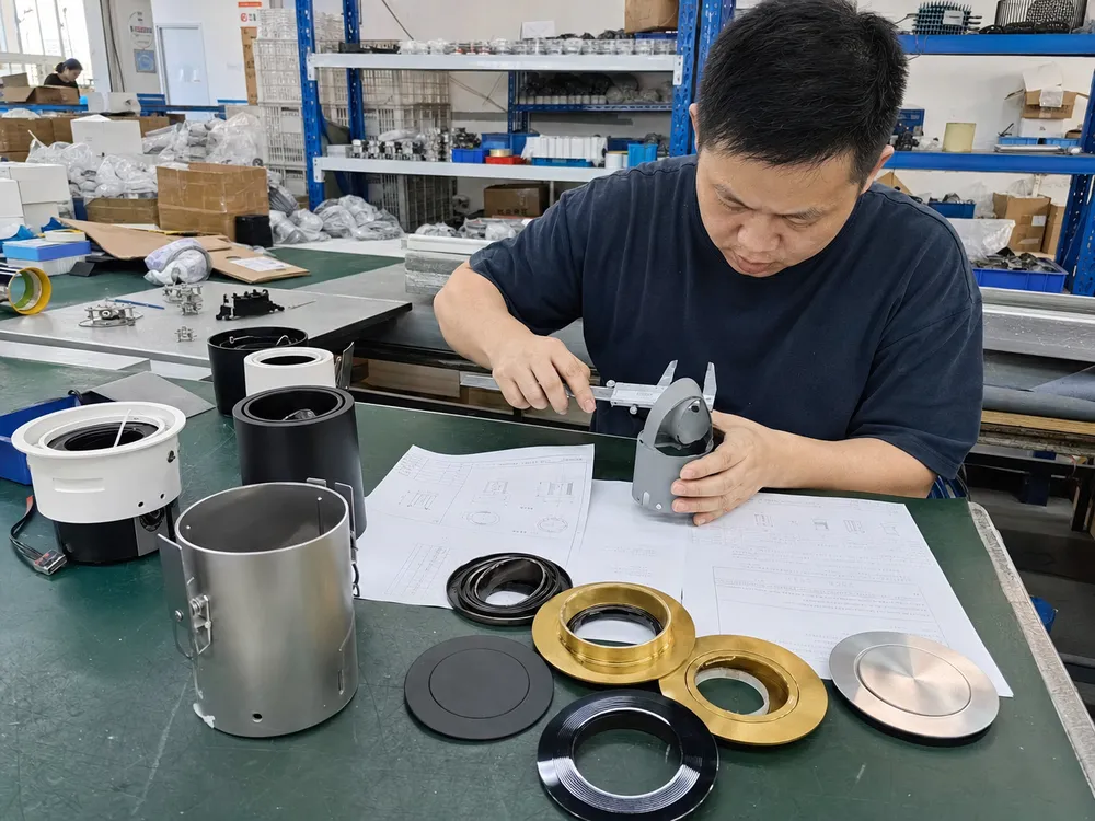 LED spotlight customization process showing housing modifications and finish options