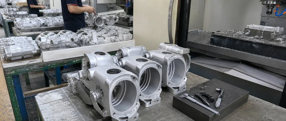 Die-cast aluminum LED spotlight housings on CNC machining line showing precision tolerances