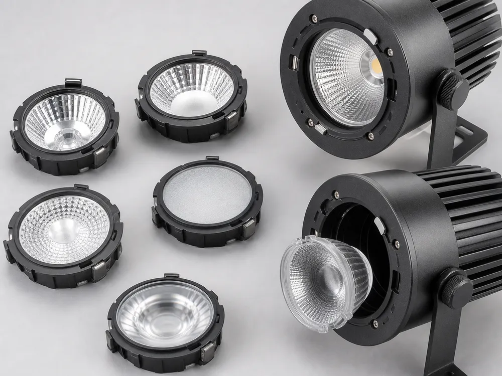 Interchangeable optic modules with quarter-turn bayonet retention mechanism for LED spotlights