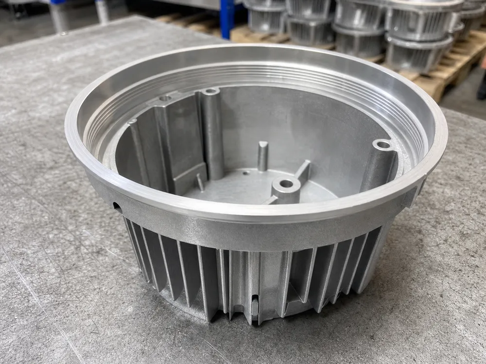 ADC12 die-cast aluminum housing showing fin geometry designed for thermal dissipation