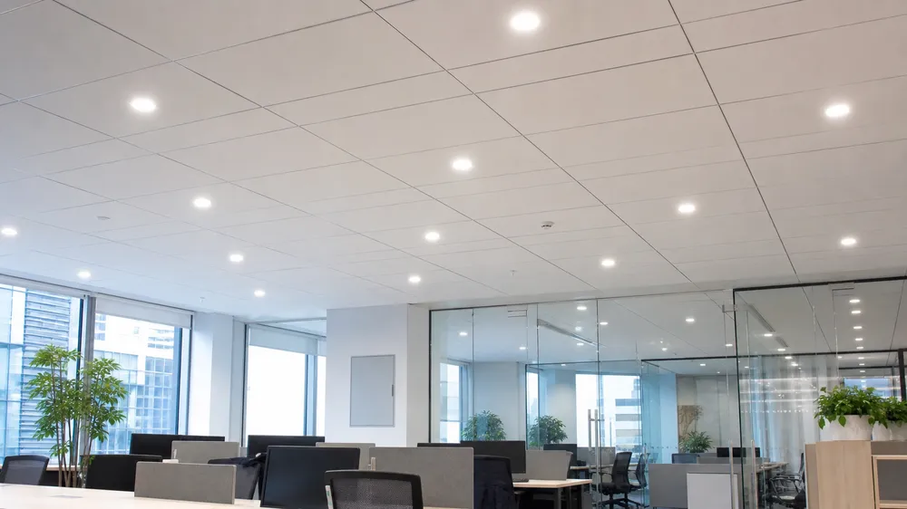 Recessed downlights in an open-plan commercial office with suspended ceiling