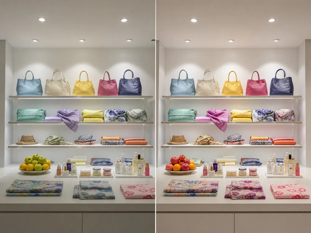 CRI comparison showing color rendering difference in retail display lighting application