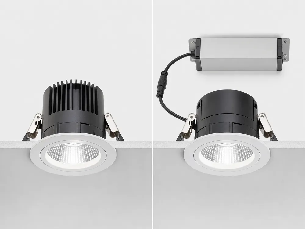 Comparison of integrated and remote driver mounting configurations for recessed spotlights